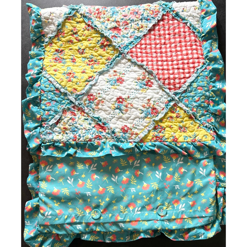 The Pioneer Woman Petal Party King Sham SET/2 Teal Patchwork Ruffle Quilted